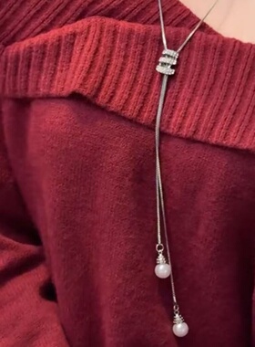 秋冬毛衣链珍珠钛钢项链可调节