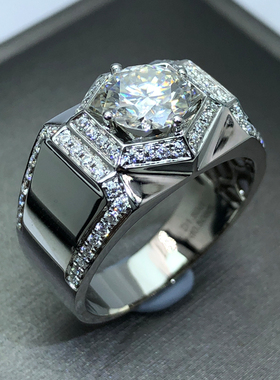 金美国进口莫桑石男戒18K白金