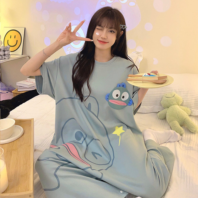 丑鱼连体睡衣男女夏季短袖纯棉加大码宽松可爱卡通中长款情侣睡裙,淘宝优惠券,粉丝福利购,淘宝优惠卷