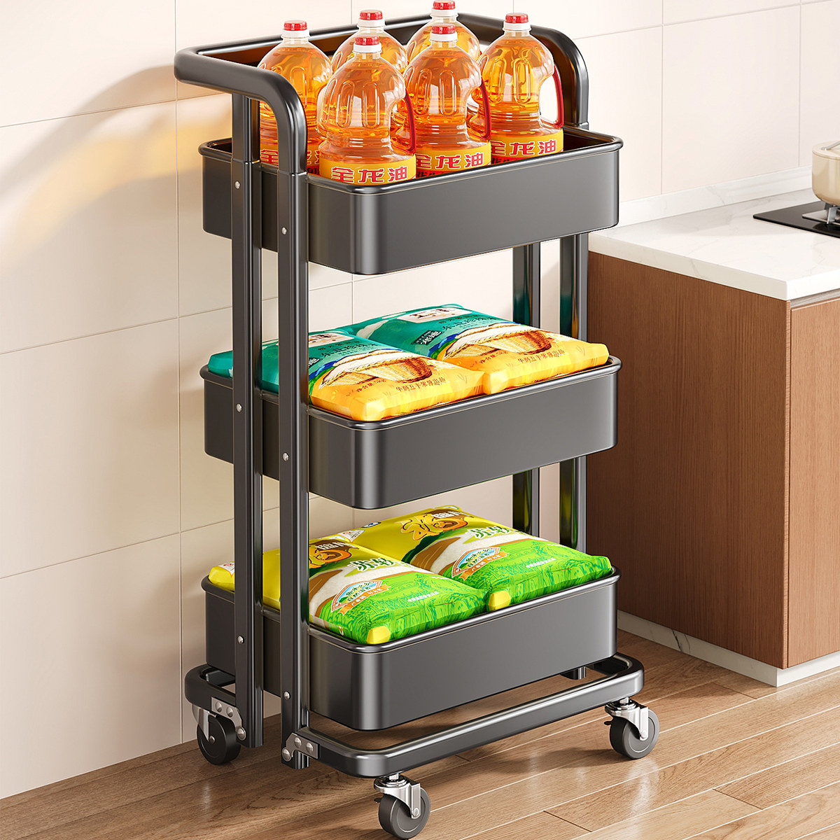 厨房置物架多功能小推车家用果蔬菜篮子落地多层架子调料品收纳架