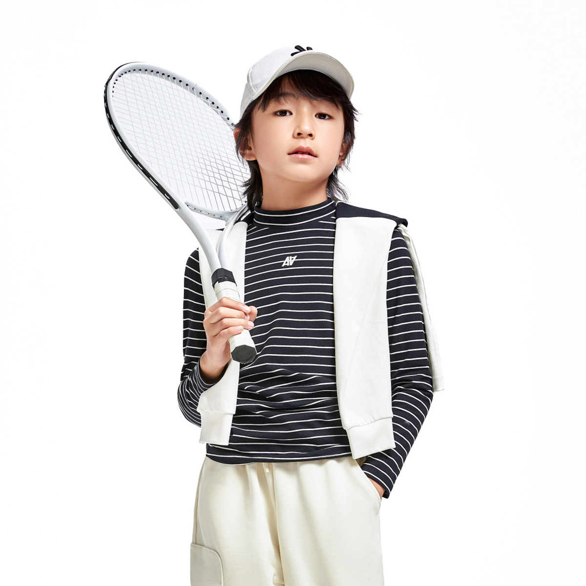 【5A级抗菌】安奈儿童装男女童长袖T恤2024秋中领纯色条纹打底衫