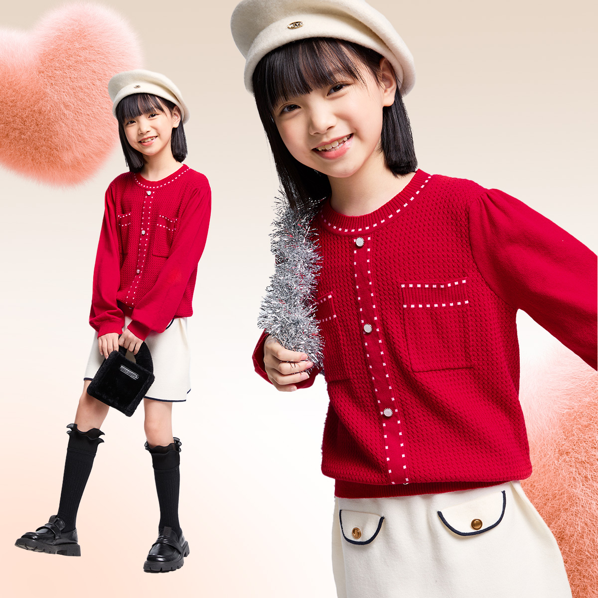 【新年红】安奈儿童装女童圆领毛衣2024秋冬含羊毛小香风保暖休闲