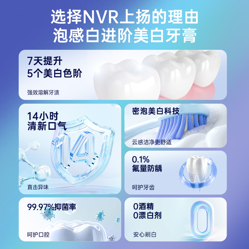 NVR上扬泡感白牙膏美白酵素清新口气益生元氨基酸绵密泡沫去黄渍
