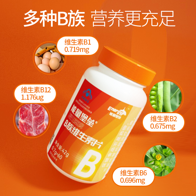 能量堡垒B族维生素片多种维生素b1b2b6b12男女成年补充B族60片/瓶