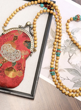 新中式国风檀木长款斜挎包包链斜挎链背背链项链的玉佩纯手工包