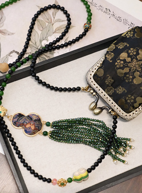 新中式国风长款绿流苏黑金包斜挎包包链斜挎链背背链项链的配饰