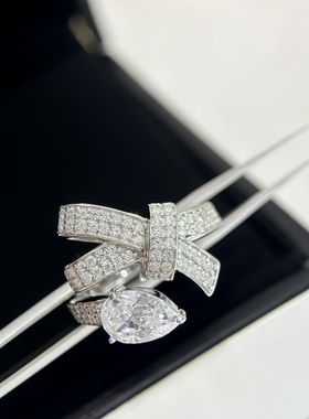小香蝴蝶结水滴戒指交叉错位开口女戒通体925纯银小众设计高级感