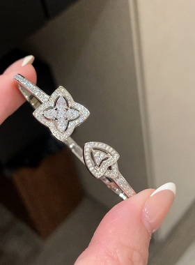 设计师款莲花四叶草手镯通体925纯银开口奢华高级感珠宝品质手环