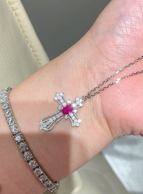 珠宝级红钻十字架项链通体925纯银女闪钻锁骨链轻奢高级感首饰