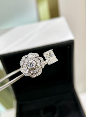 欧美高级感山茶花戒指通体925纯银高品质时尚小众开口女戒闪钻