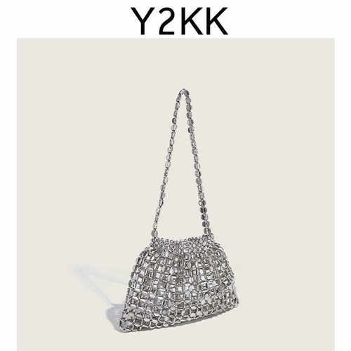 Y2KK手提小众设计感银色手工串珠编织手提包夏日B备腋下单肩包潮 - 图2