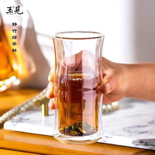 北大史玉见静竹观山双层竹节绿茶杯家用轻奢高硼硅泡茶杯办公杯 - 图0