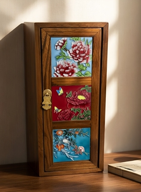 实木首饰盒家用收纳盒立体浮雕手绘陶瓷画镶嵌桌面摆件复古整理盒