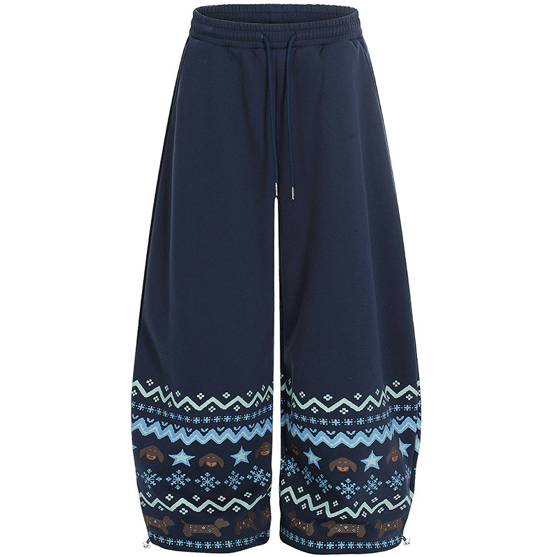 自然涩费尔岛印花加绒弯刀裤女秋冬季新款松紧腰保暖百搭休闲裤子,淘宝优惠券,粉丝福利购,淘宝优惠卷