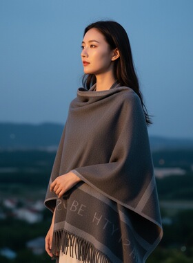无印MUJ粘胶混纺斗篷披肩外套女秋冬季保暖双面M款欧美时尚百搭围
