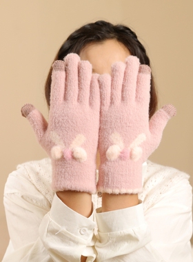 女针织全指可触屏保暖手套