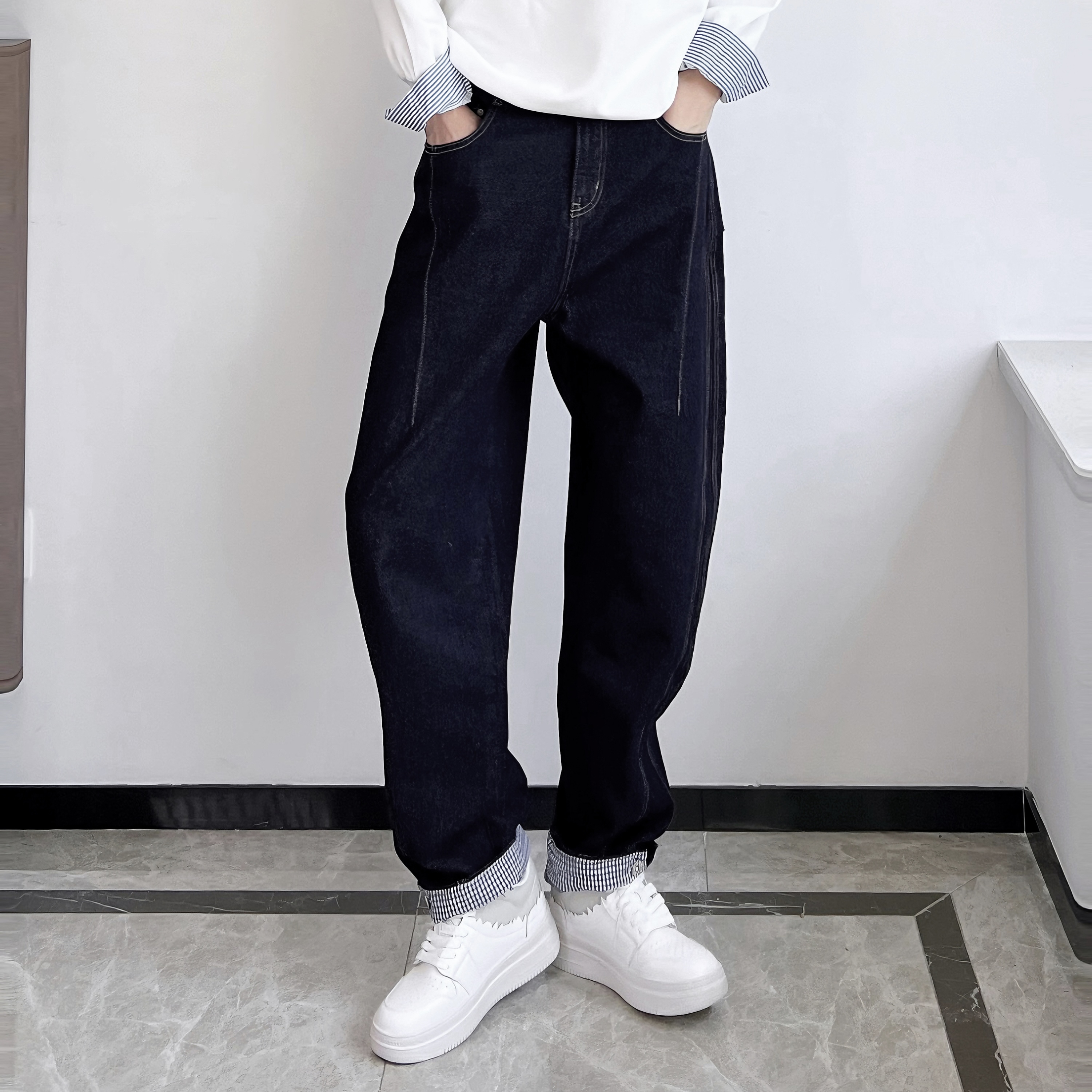 LUCHONG设计感拼接美式弯刀牛仔裤 蓝黑廓形宽松牛仔休闲长裤男装 - 图0