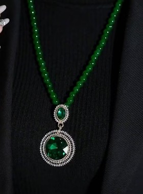 绿色圆牌长款毛衣链女