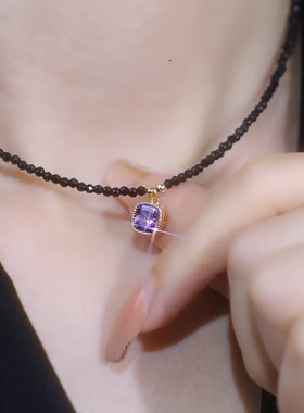轻奢小众紫色黑水晶项链女