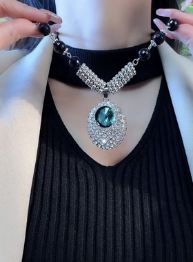 轻奢水滴绿色长款毛衣链闪钻项链