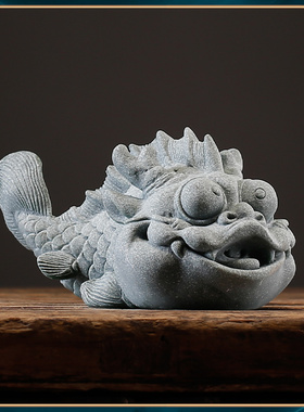 逗兽记青砂石国风如鱼得水摆件