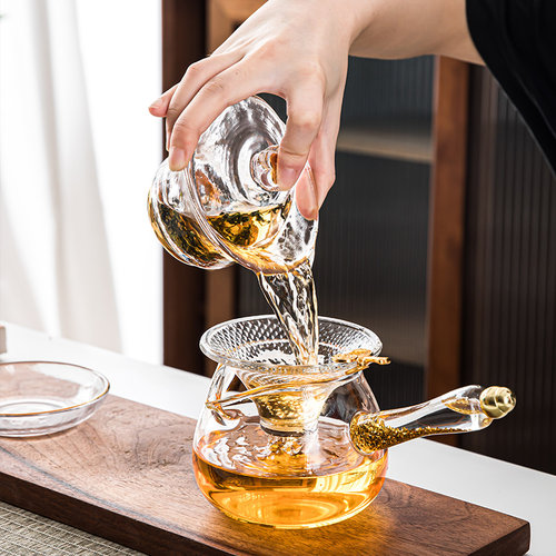 日式玻璃侧把公道杯加厚耐热金箔公杯分茶器大号茶海茶漏茶具配件 - 图3