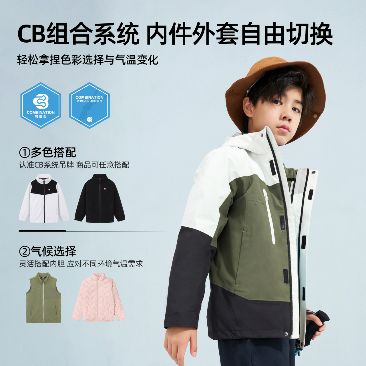 探路者儿童三合一冲锋衣防风2024秋冬新款男女童户外保暖风衣外套
