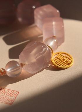 2026天然手工编绳粉水晶方糖手串搭粉晶趴趴兔荔枝冻莲蓬福牌时尚