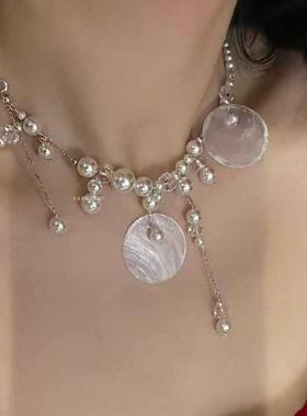2026大小珍珠拼接流苏项链圆片贝壳锁骨链渐变串珠小众颈链精致配
