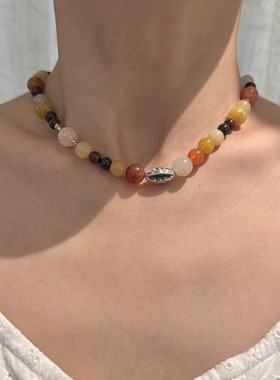 天然金丝玉红石橄榄球南瓜珠项链