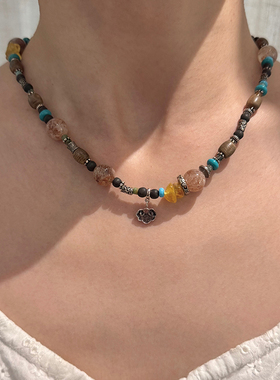 天然琥珀红胶花松石檀木多宝项链