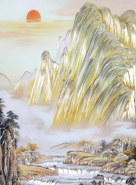 富水长流金山铜雕玄关装饰画