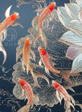 荷花九鱼手工铜雕玄关对门装饰画