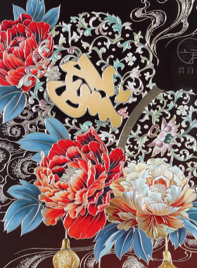 五福临门新中式铜雕葫芦牡丹挂画