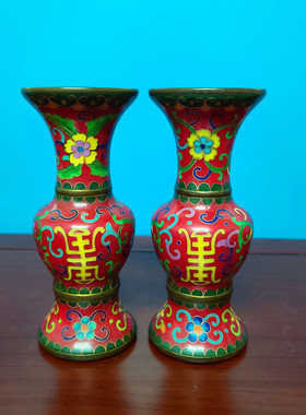 景泰蓝铜胎花瓶1对 蓝色黄色红色花盆摆件 佛堂道堂寺庙宮观用品