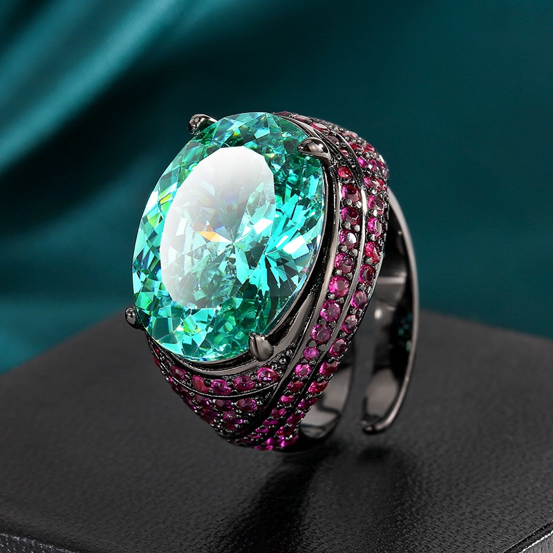 新款铜镀枪黑色仿绿碧玺戒指女款仿坦桑石镶钻指环轻奢满钻食指戒 - 图0