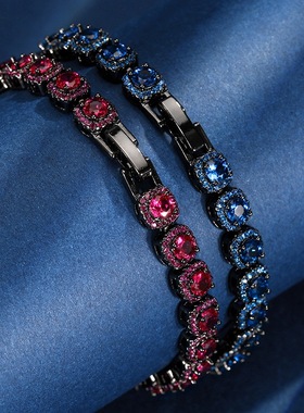 新款铜镀枪黑色仿红刚玉手链女款轻奢手环欧美风仿蓝尖晶镶钻手饰