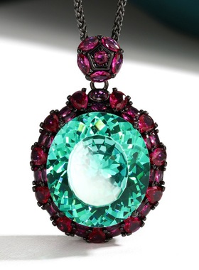 新款铜镀枪黑色仿彩宝镶钻挂坠仿红刚玉轻奢项链女仿帕拉伊巴吊坠