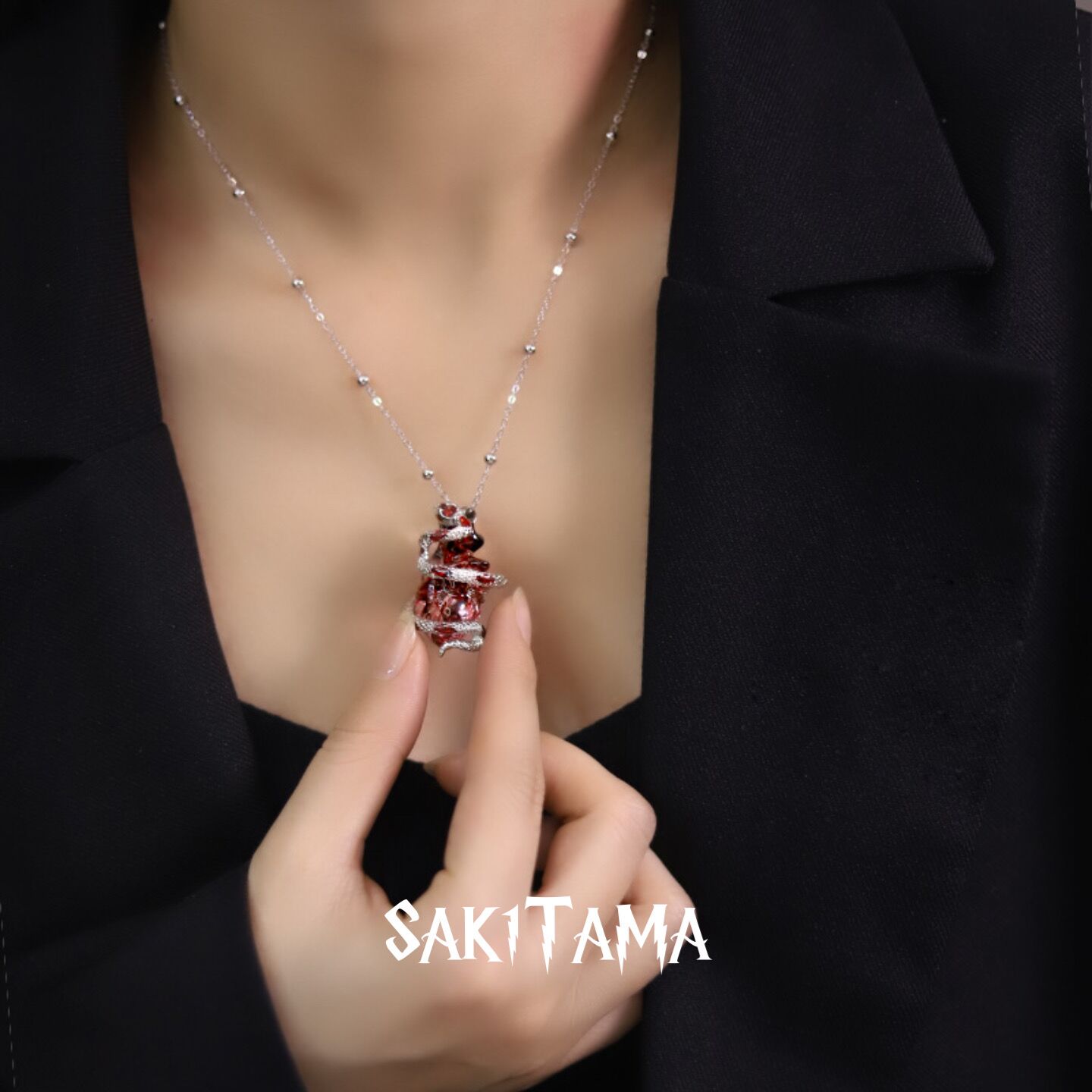 SAK1TAMA原创设计纯手工制作银蛇腹心脏吊坠情侣项链设计感个性潮 - 图1