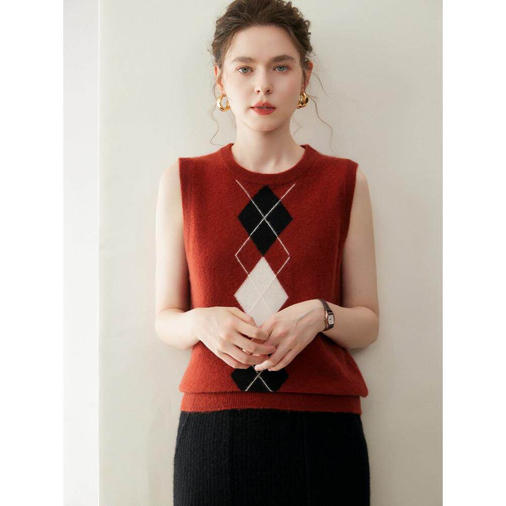 26 spring style round neck diamond intarsia cashmere vest for women loose layered sleeveless inner sweater vest