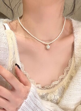 山茶花珍珠choker锁骨毛衣链女