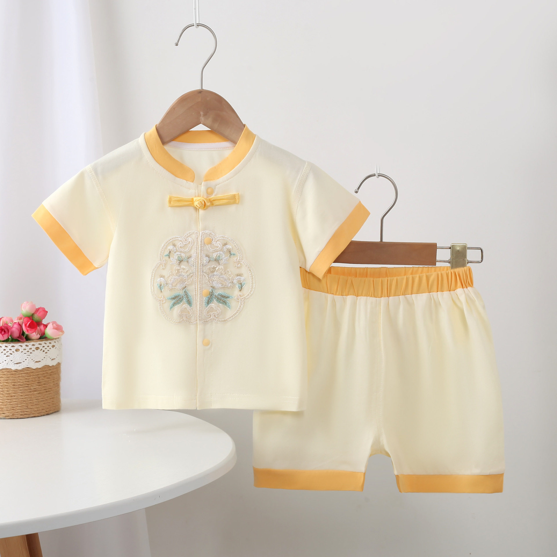婴儿夏季分体套装纯棉无骨男女宝宝汉服儿童礼服新中式盘扣短袖衣,淘宝优惠券,粉丝福利购,淘宝优惠卷