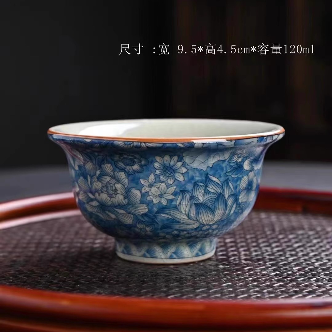 老陶泥仿古青花瓷茶盏开片品茗杯陶瓷茶具功夫茶杯主人个人单杯