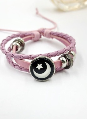 夜光日月恋人时光宝石手链男女通用复古手工多层串珠编织皮革手链