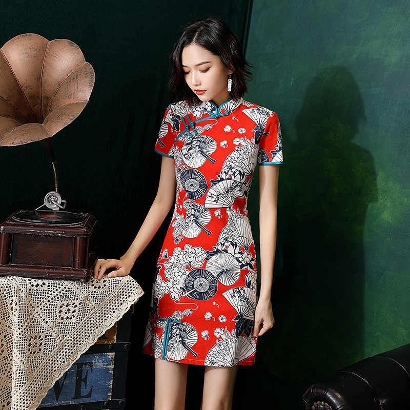 红色旗袍裙2020短款日常少女连衣裙 艾慕纪旗袍