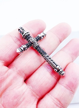 黑色钻CZ十字架吊坠项坠925银同款复古礼品适合挂项链 托马斯萨博