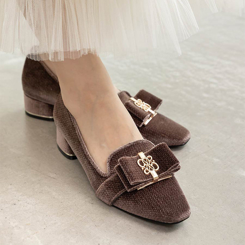 RANDA 25早秋新款蝴蝶结休闲丝绒粗跟方头秋冬乐福鞋 PH36016,淘宝优惠券,粉丝福利购,淘宝优惠卷