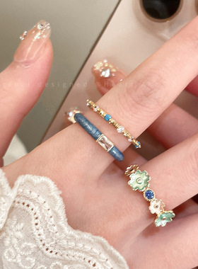 超显白蓝色锆石花朵开口戒指女轻奢小众设计食指戒高级感叠戴指环