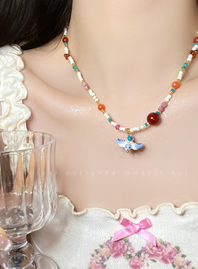 手作彩色天然石蘑菇米珠项链女夏季小众设计感锁骨链可爱复古颈链
