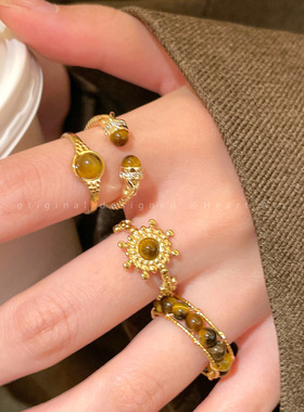 美拉德太阳花虎眼石戒指女复古高级感百搭食指戒轻奢小众设计指环